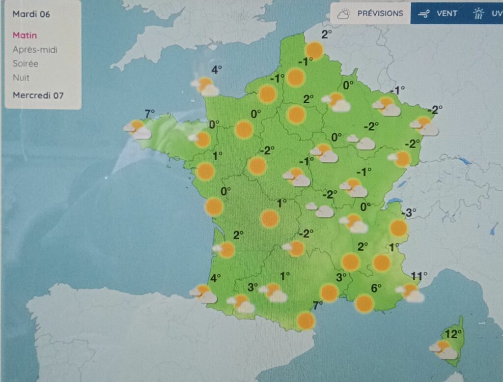 خارطة نشرتها ميتيو فرانس تبين حالة الطقس اليوم ٦ جانفي ٦٠٢٦ 