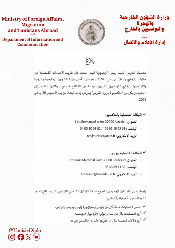 بلاغ وزارة الشؤون الخارجية والهجرة والتونسيين بالخارج للإعلان عن الإفتتاح الرّسمي لوكالتين قنصليّتين جديدتين بكلّ من أجاكسيو و بوردو
